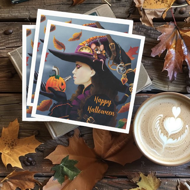 Steampunk Autumn Witch Pumpkin Clockwork Hat Napkins (Creator Uploaded)