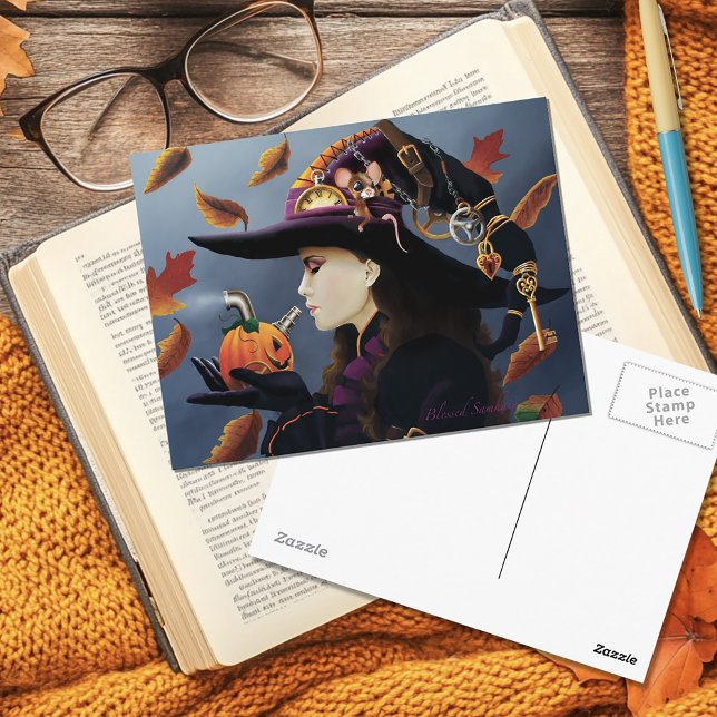 Steampunk Autumn Witch Pumpkin Clockwork Hat Postcard (Creator Uploaded)