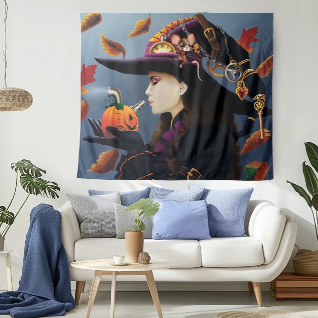 Steampunk Autumn Witch Pumpkin Clockwork Hat Tapestry (Creator Uploaded)