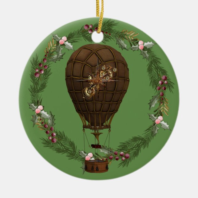 Steampunk Balloon & Wreath Customizable Ceramic Ornament (Front)