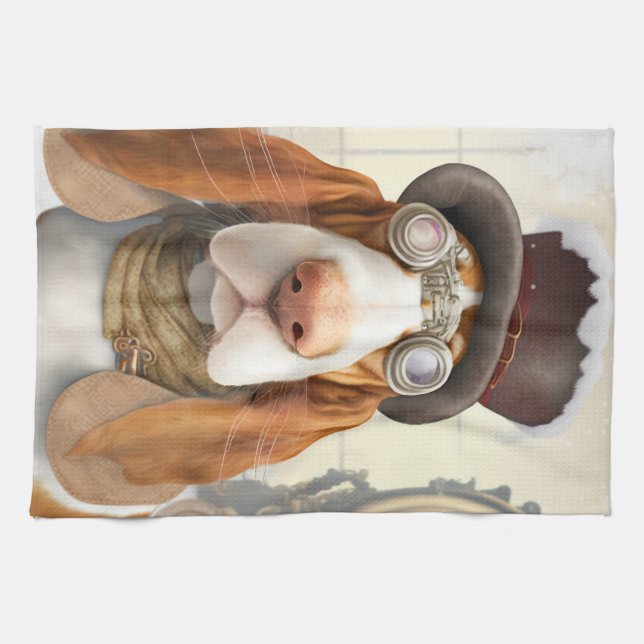 Steampunk Basset Hound Kitchen Towel (Horizontal)