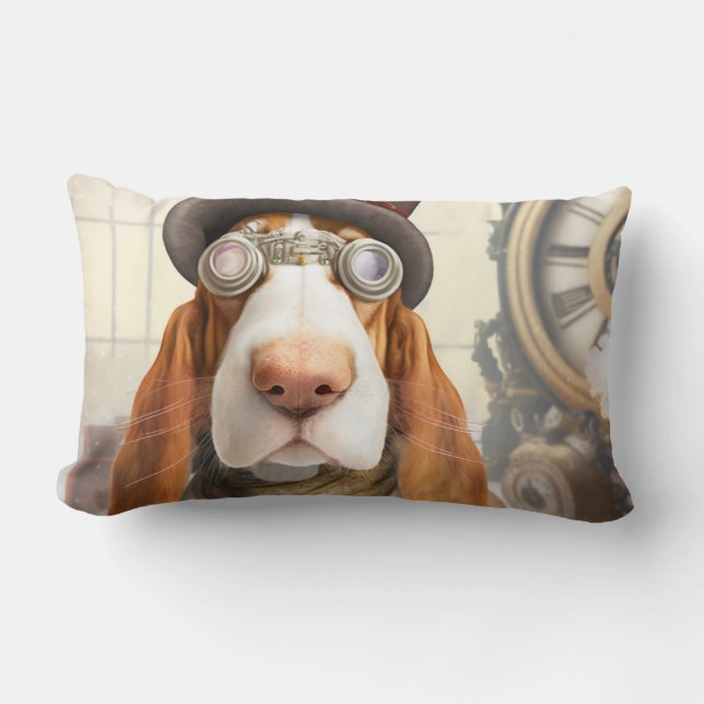 Steampunk Basset Hound Lumbar Pillow (Front)