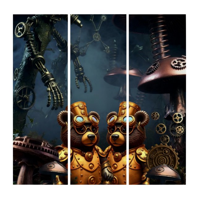 Steampunk Bears in Clockwork Forest Fantasy Art (Front)