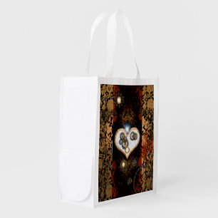 Steampunk, beautiful heart with gears and clocks reusable grocery bag