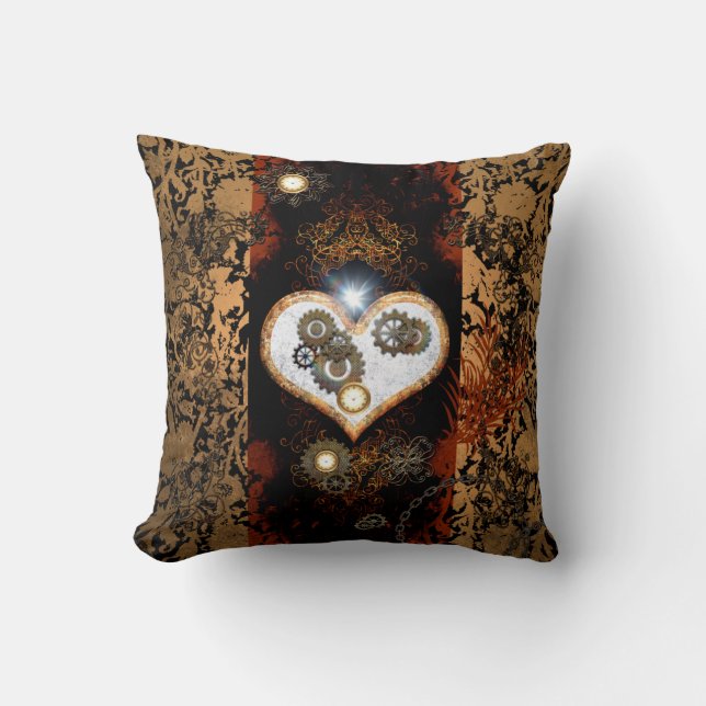 Steampunk, beautiful heart with gears and clocks throw pillow (Front)