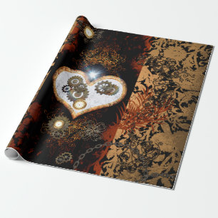 Steampunk, beautiful heart with gears and clocks wrapping paper