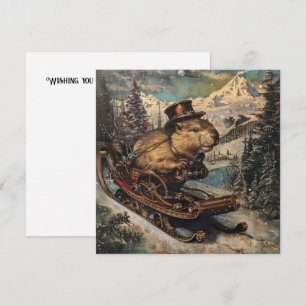 Steampunk Beaver Sleigh Christmas Card