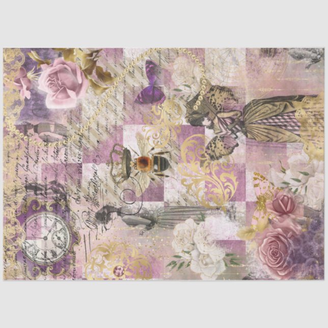 Steampunk Bee Victorian Woman Pink Checks Script   Tissue Paper (Front)