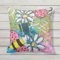 Steampunk Bees Daisies Fun Colorful Whimsical Art Outdoor Pillow