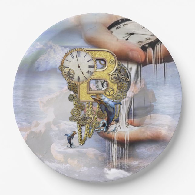 Steampunk birthday letter B Paper Plates (Front)