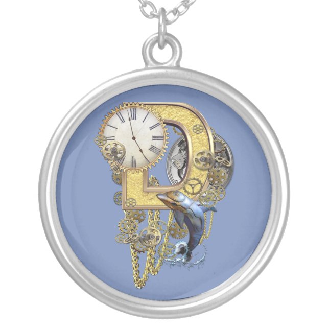 Steampunk- birthday letter-D Silver Plated Necklace (Front)
