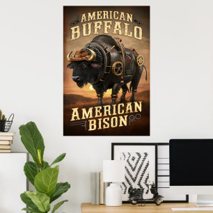 Steampunk Bison Sunset Poster