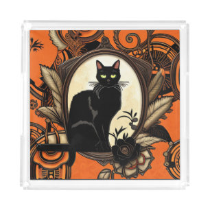 Steampunk Black Cat Halloween Acrylic Tray
