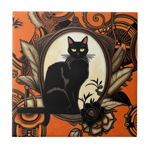 Steampunk Black Cat Halloween Ceramic Tile