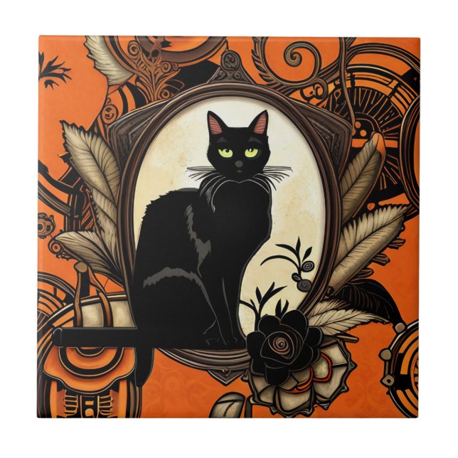 Steampunk Black Cat Halloween Ceramic Tile (Front)