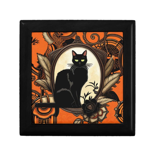 Steampunk Black Cat Halloween Gift Box (Front)