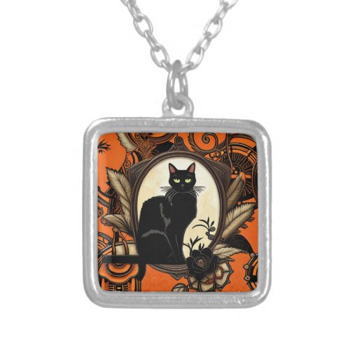 Steampunk Black Cat Halloween Silver Plated Necklace