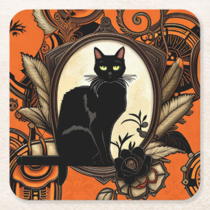 Steampunk Black Cat Halloween Square Paper Coaster
