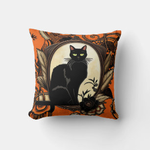 Steampunk Black Cat Halloween Throw Pillow