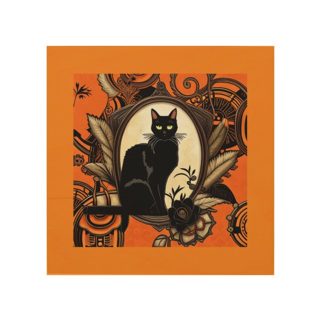 Steampunk Black Cat Halloween Wood Wall Art (Front)