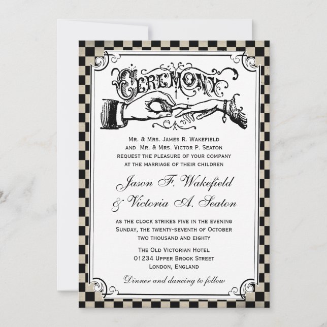 Steampunk Black Checkerboard Wedding Invites (Front)