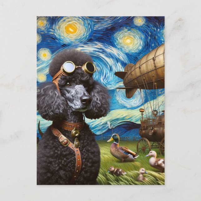 Steampunk Black Poodle Pilot Van Gogh Postcard (Front)