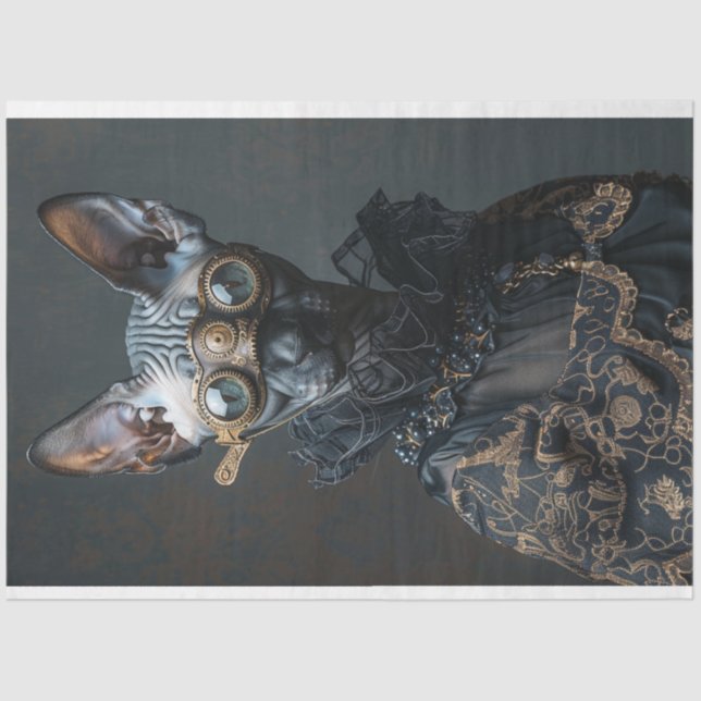 Steampunk Black Sphynx Cat Decoupage  Tissue Paper (Front)