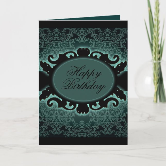 Steampunk Black Teal Damask Gothic monogram Card (Front)