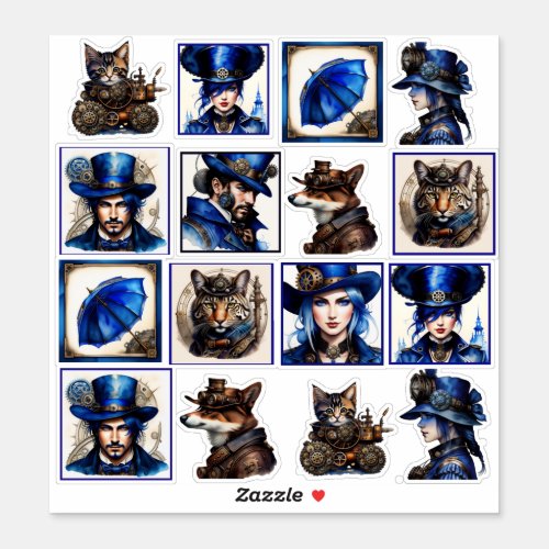 Steampunk Blue and Gold Watercolor Vinyl Stickers 