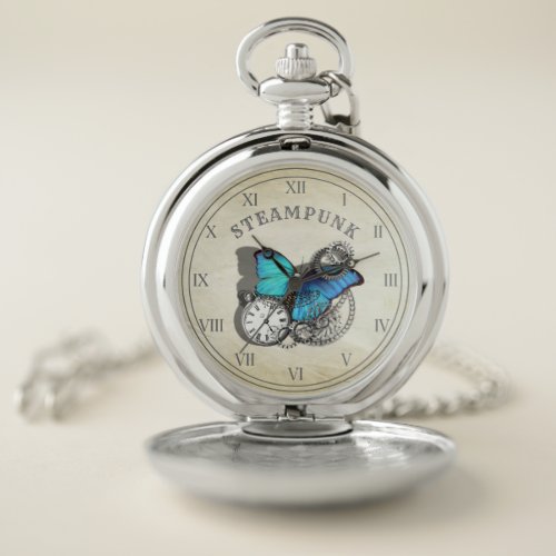 Steampunk Blue Butterfly Pocket Watch Design