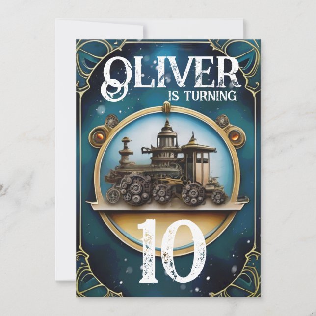 Steampunk Blue Copper Birthday Party Invitation (Front)