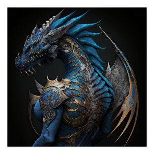 Steampunk blue dragon with metal wigns AI art Poster