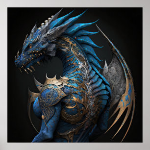 Steampunk blue dragon with metal wings AI art Poster