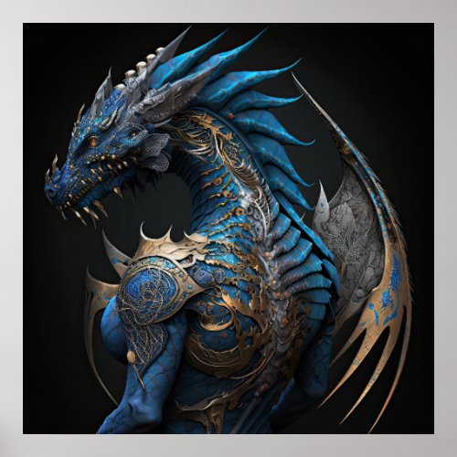 Steampunk blue dragon with metal wings AI art  Poster