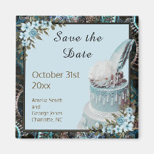 Steampunk Blue Floral Wedding Save the Date Magnet