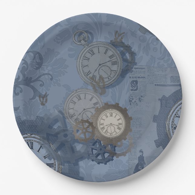 Steampunk blue print paper plates (Front)