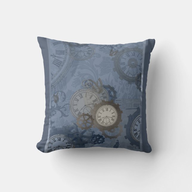 Steampunk blue print throw pillow (Front)