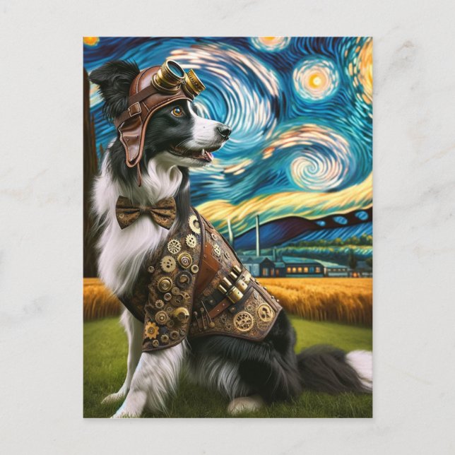 Steampunk Border Collie in the Starry Night Postcard (Front)