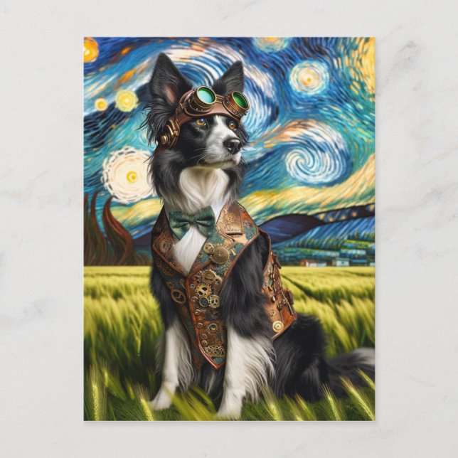 Steampunk Border Collie in the Starry Night Postcard (Front)