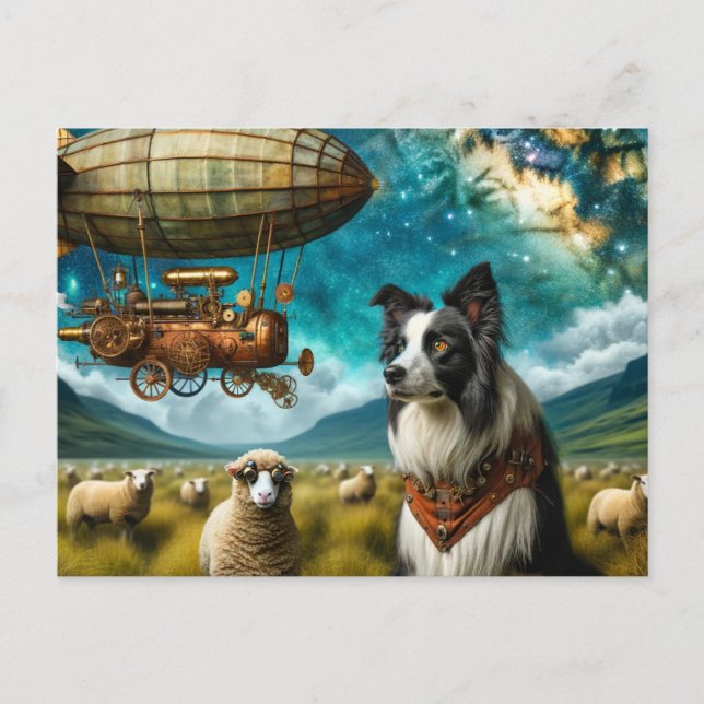Steampunk Border Collie With Sheep and Blimp  Postcard (Front)