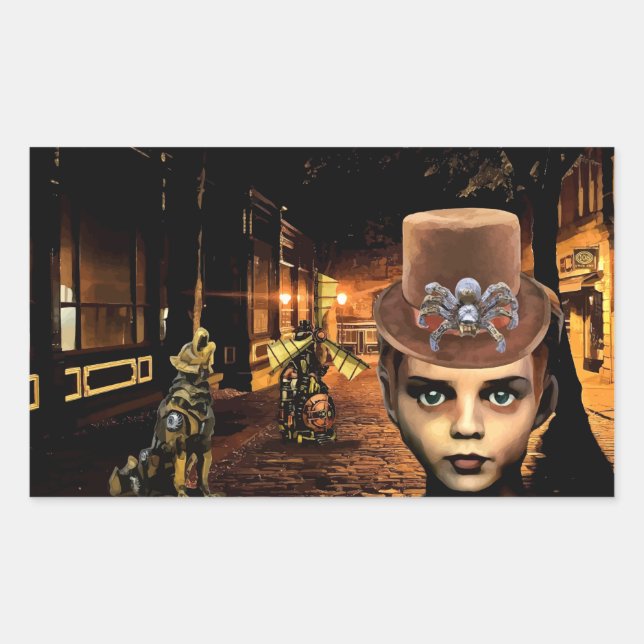 Steampunk Boy And Robot Dog Rectangular Sticker (Front)