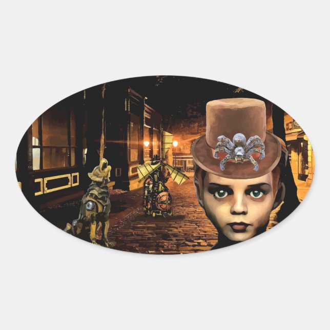 Steampunk Boy And Robot Dog sci fi fantasy art Oval Sticker (Front)