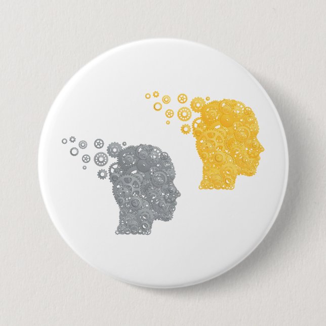 Steampunk Brain Power Cogwheel Heads Button (Front)