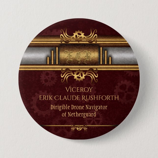 Steampunk brass and marroon cosplay character button (Front)