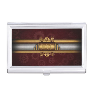 Steampunk, brass and marroon with monogram business card case