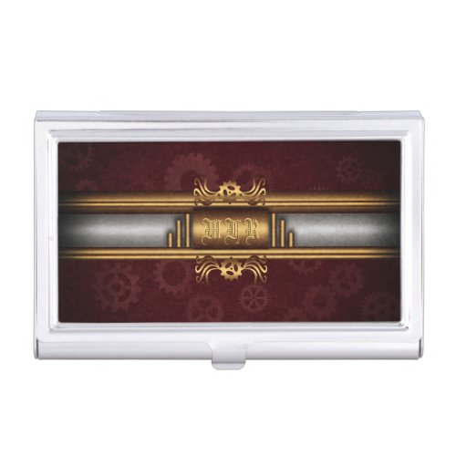 Steampunk, brass and marroon with monogram business card case