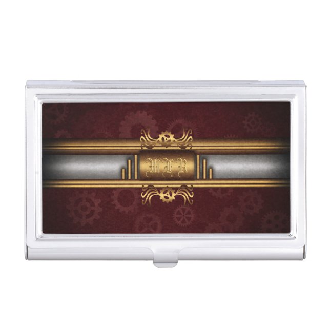 Steampunk, brass and marroon with monogram business card case (Front)