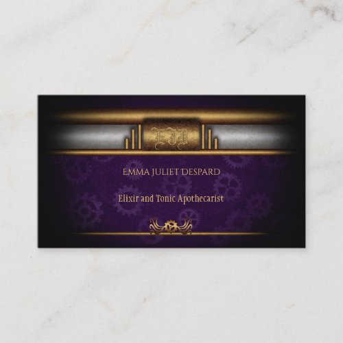 Steampunk, brass and royal purple gears, Monogram Business Card