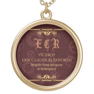 Steampunk brass monogram on maroon gear wheels gold plated necklace