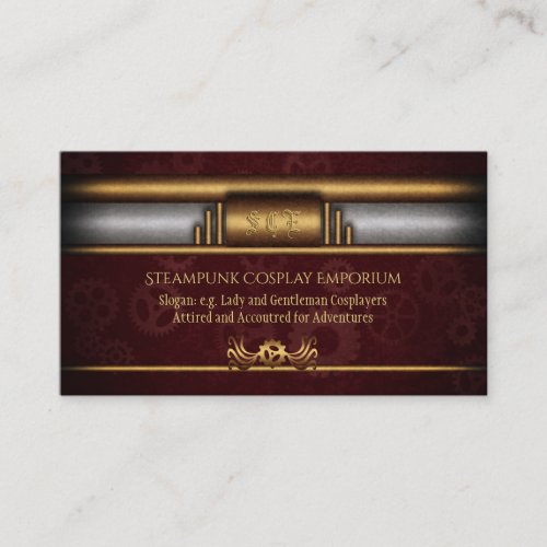 Steampunk, brass on marroon gears, Monogram Business Card